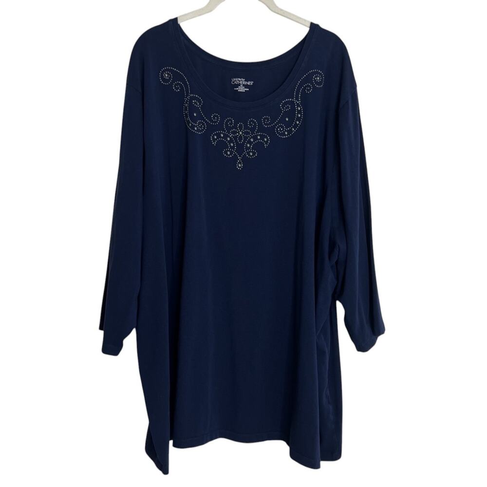 Liz & Me for Catherines Embellished Tunic Top 4X Navy Blue 3/4 Sleeve